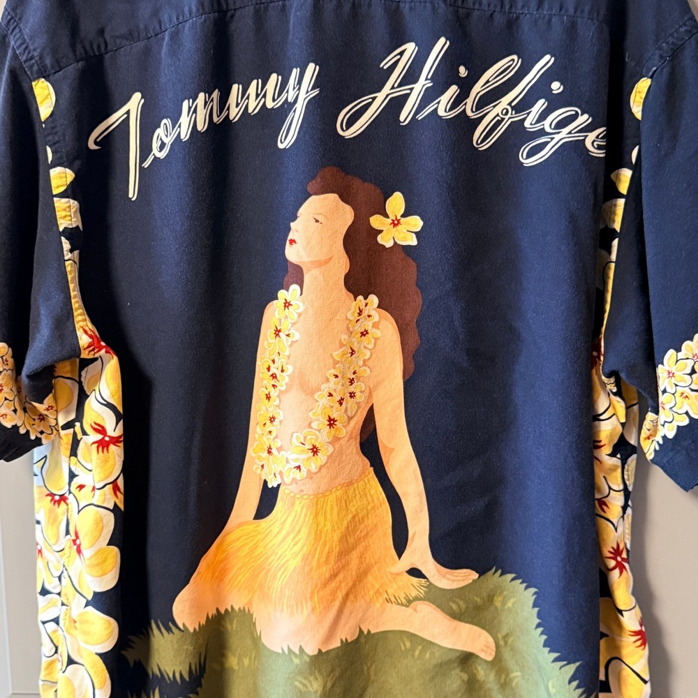 Tommy Hilfiger Vintage Mens Hawaiian Lei Hula‎ Girl Aloha Shirt, Navy Yellow, XL - Picture 5 of 13